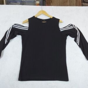 Womens Black Cut Out Shoulder Top With White Stripes Mod Biker Sz.XL